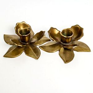 Vintage MCM Brass Lotus Flower Candle Holders - Andrea by Sadek India - Set of 2